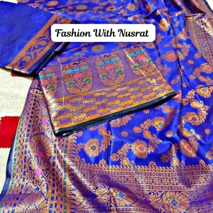 ইন্ডিয়ান বেনারশী কাতান থ্রি পিস (কালার - ব্লু)